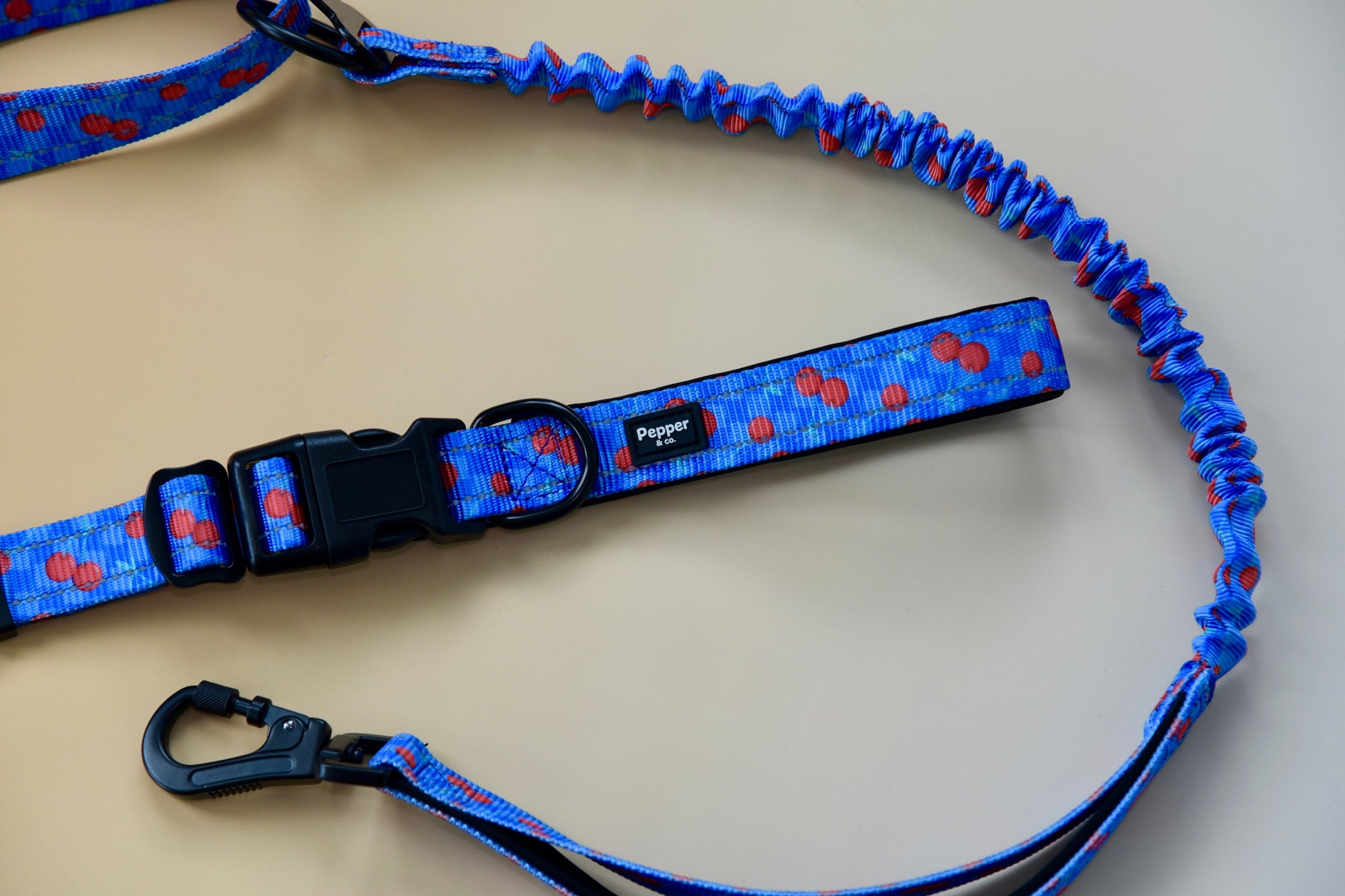 Blue dog leash with red pattern on a beige surface