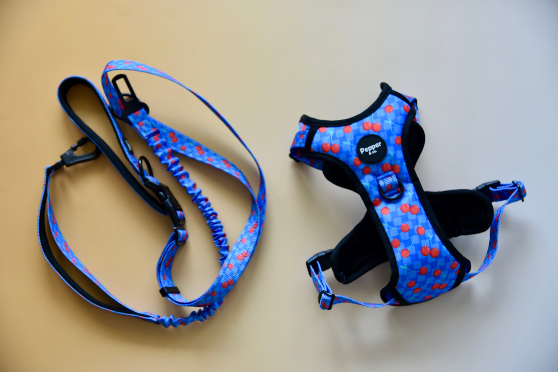 Blue and black dog harness with red pattern on a beige background