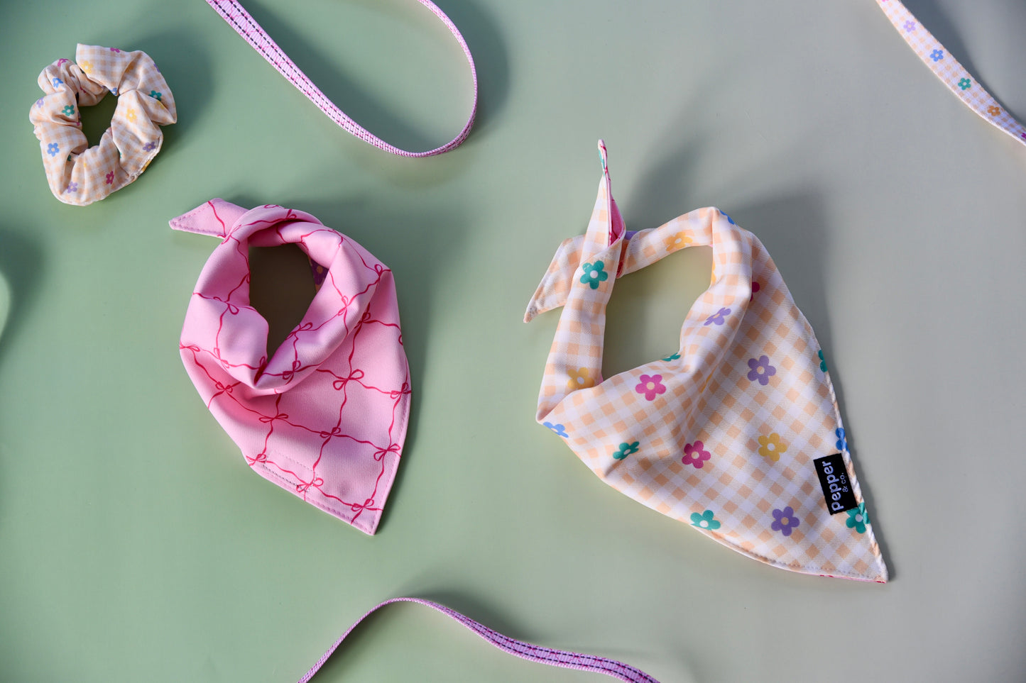Dog bandana, scrunchie, and ribbons on a light green background
