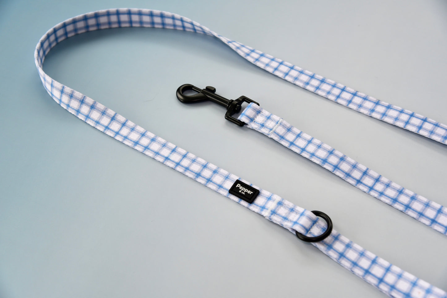 A blue and white checkered pet leash with a metal clasp and plastic ring.