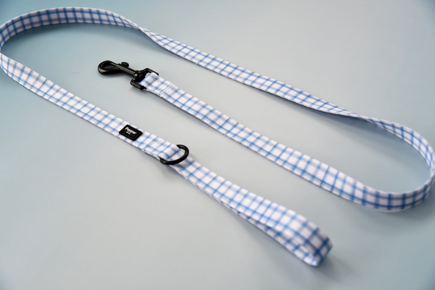 Blue and white checkered dog leash on a gray background