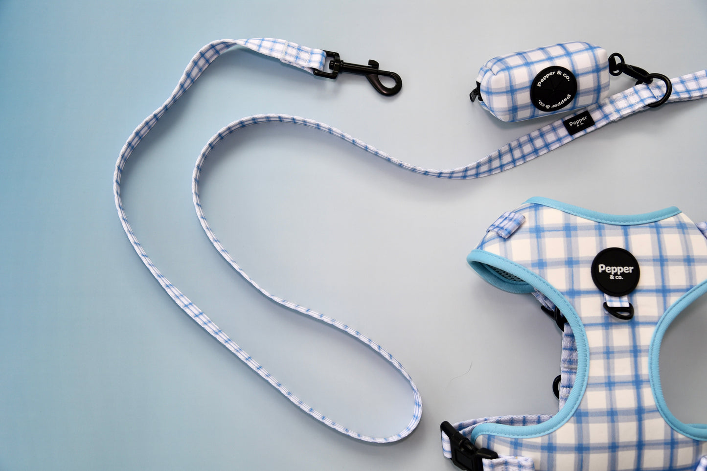 Dog leash and harness set with checkered pattern on light blue background