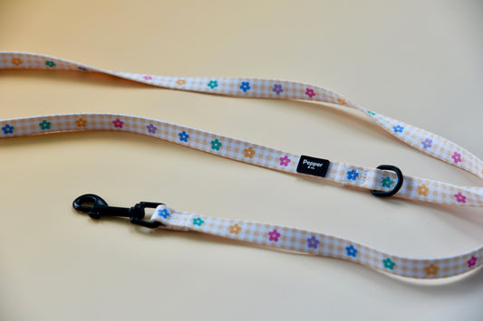 Dog leash with colorful floral pattern on a light background