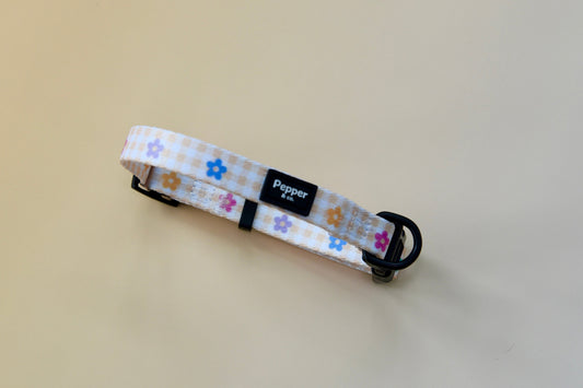 Floral-patterned dog collar with brand name on a beige background