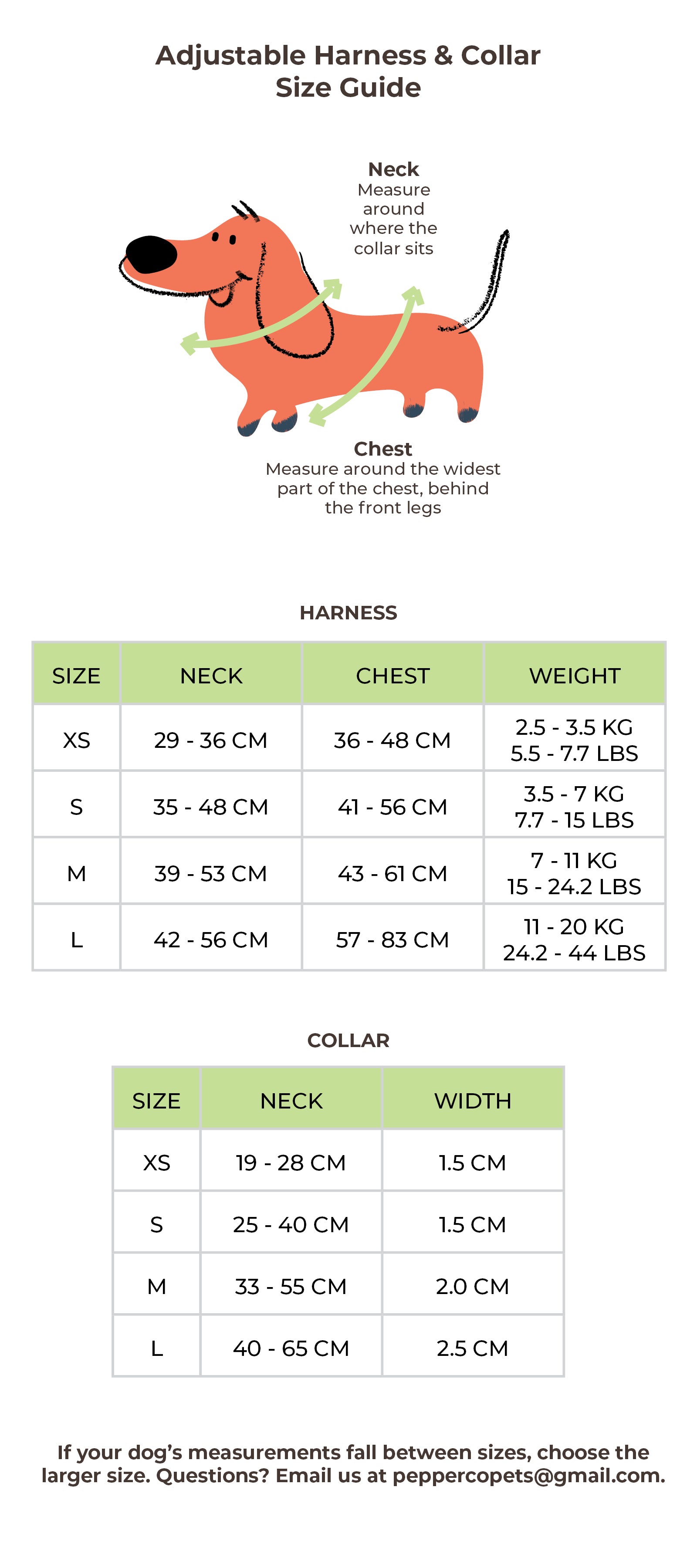Dog harness and collar size guide with measurements and weight ranges.