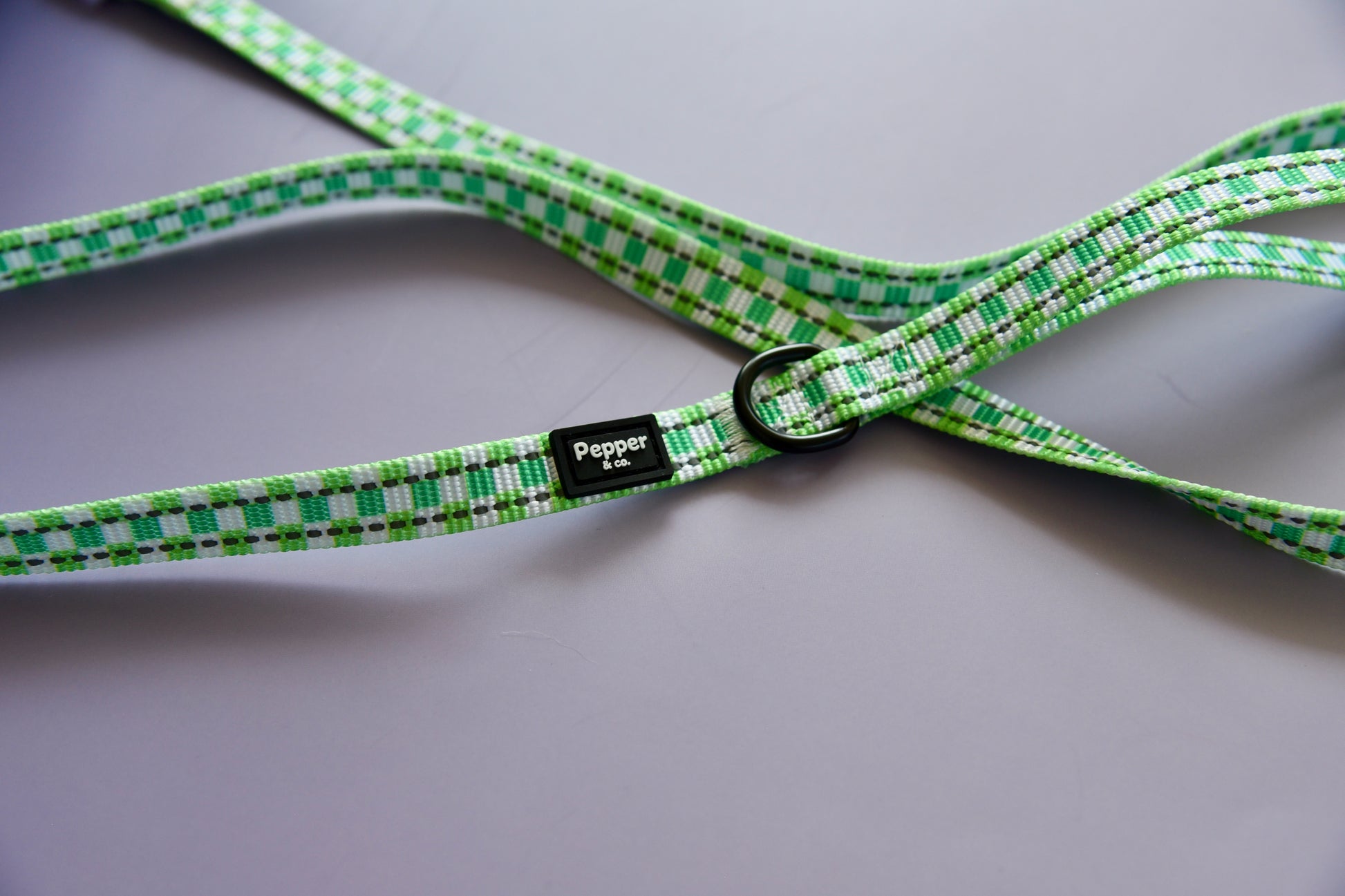 Green and white checkered dog leash with a black buckle on a gray background