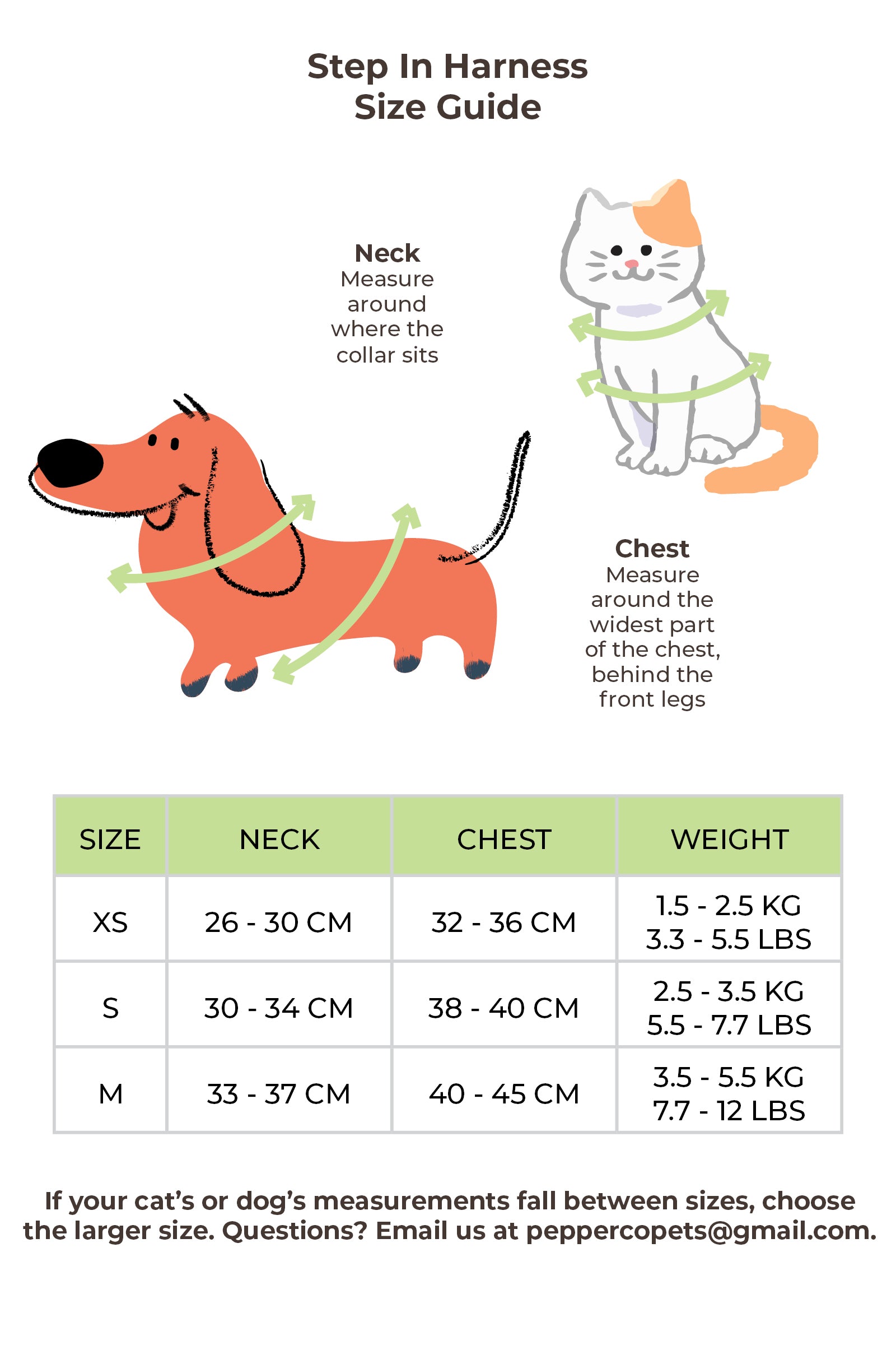 Step-in harness size guide for pets with illustrations of a dog and cat, and measurement instructions.